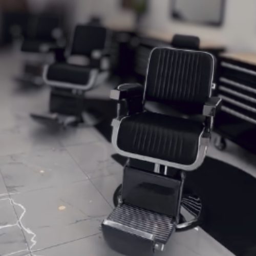 Copy of TaperBay Website – 7 Row of barber chairs with black vinyl and touches of chrome.